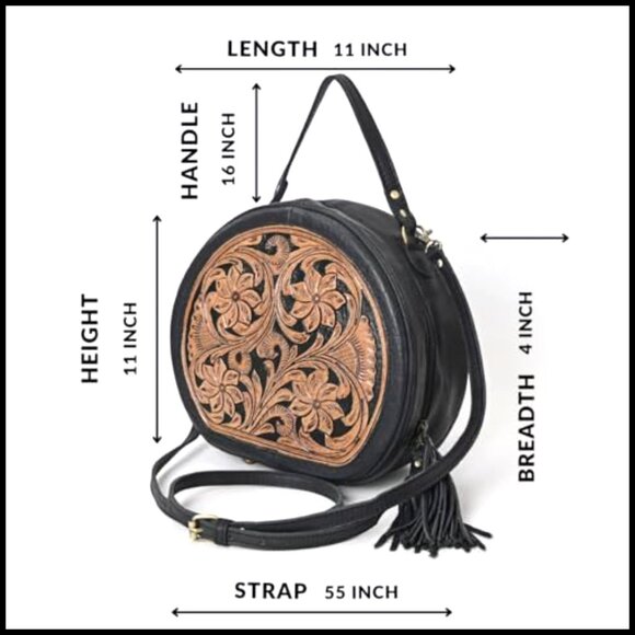 Large Tooled Leather Crossbody Bag with Adjustable Strap, Zipper Pocket - Picture 4 of 6